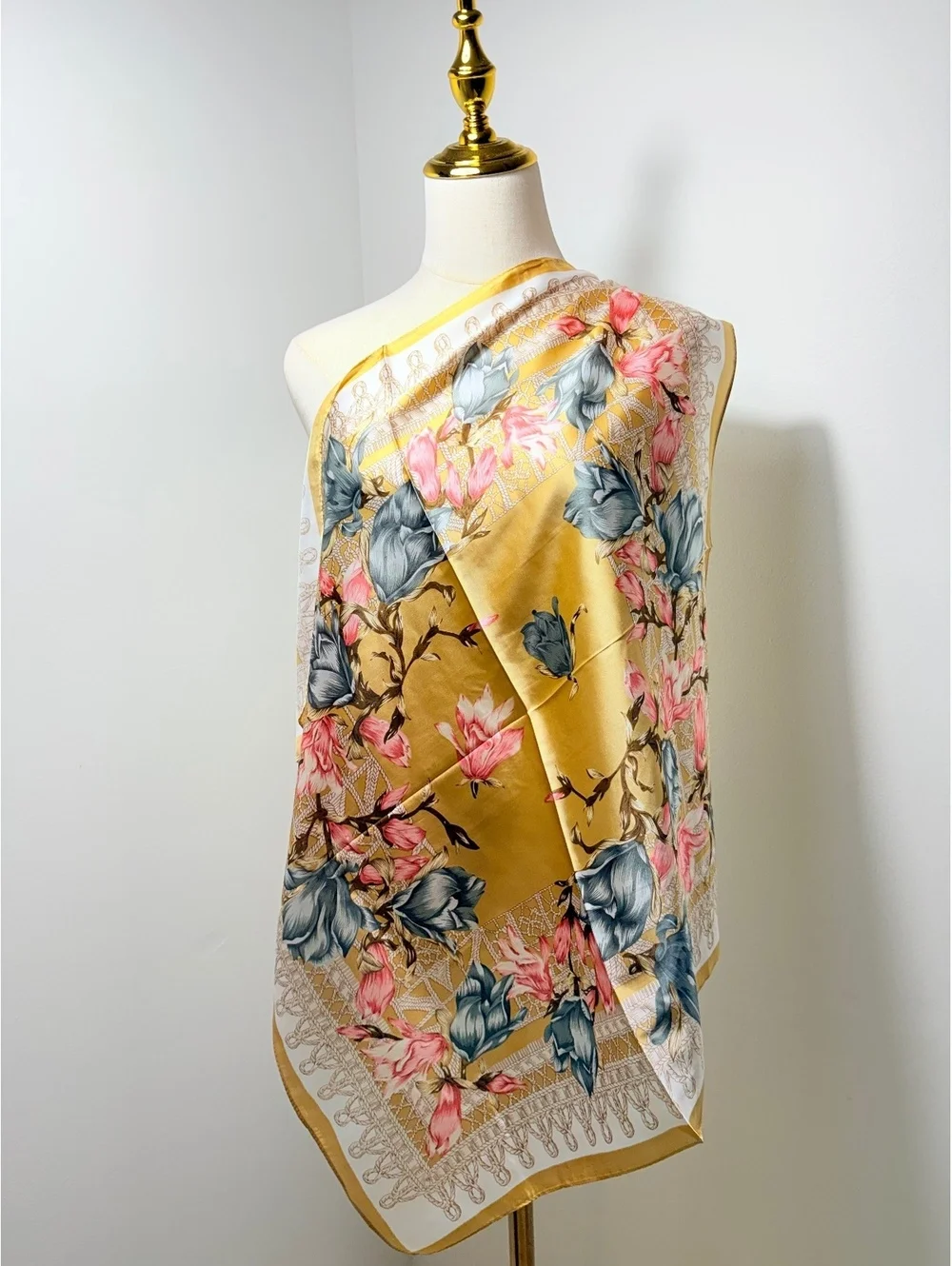 Vintage Floral Scarf Yellow Pink Blue Square Neck Wrap